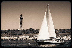 Sailboat Passes One of the Thacher Island Lights - Sepia Tone